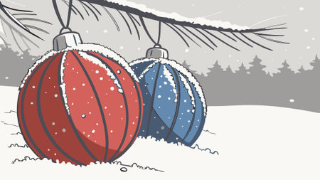 Close up of red and blue Christmas ornaments covered in snow with blurred background.. AI generated. Vector iconのイラスト素材