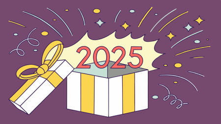 Celebratory 2025 New Year's Eve Gift Box with Glowing Numbers and Festive Background.. AI generated. Vector iconのイラスト素材