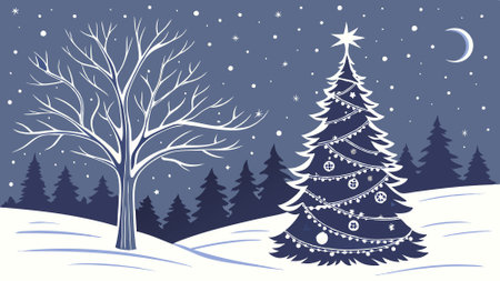 Christmas tree in the winter landscape, falling snow, frozen night, decorated xmas tree. AI generated. Vector iconのイラスト素材