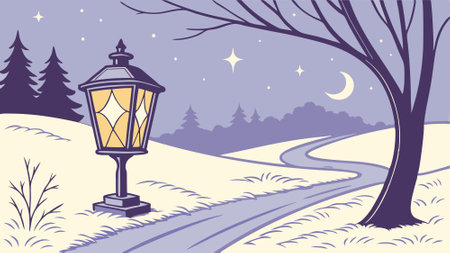 Lantern shining in the snowy landscape at dusk, illuminating a serene Christmas Eve scene.. AI generated. Vector iconのイラスト素材