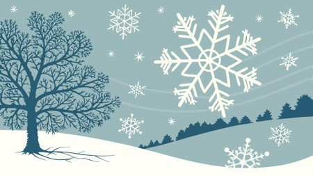 A snowy landscape, where abstract snowflakes are delicately layered over a frosty gradient.. AI generated. Vector iconのイラスト素材