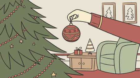 Hand placing a shiny Christmas ornament on a decorated tree during the holiday season.. AI generated. Vector iconのイラスト素材