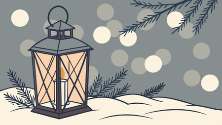 Candle lantern over snow and background with bokeh style blurred lights, christmas lantern, . AI generated. Vector iconのイラスト素材