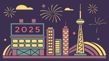 New Year's 2025 countdown with city skyline illuminated at night for a festive celebration. AI...