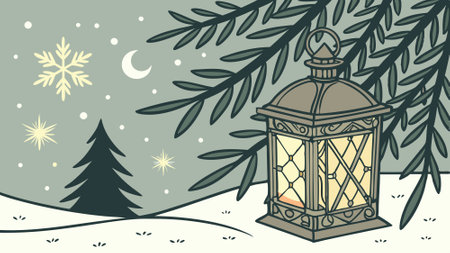 A Snowy Christmas Lantern beautifully placed on a Festive Tree brings joy to the season. AI generated. Vector iconのイラスト素材