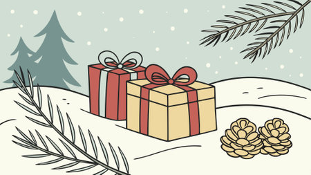 Wrapped presents sit on a bed of snow with pine branches and a pinecone in the foreground. AI generated. Vector iconのイラスト素材