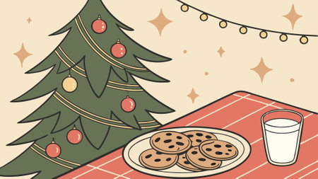 Warm holiday scene with festive cookies and milk against a softly lit Christmas tree. AI generated. Vector iconのイラスト素材
