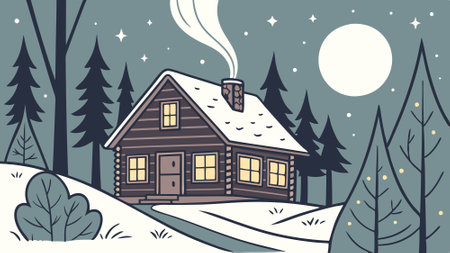 A cozy cabin nestled in a snowy forest, illuminated by a full moon and twinkling lights. AI generated. Vector iconのイラスト素材