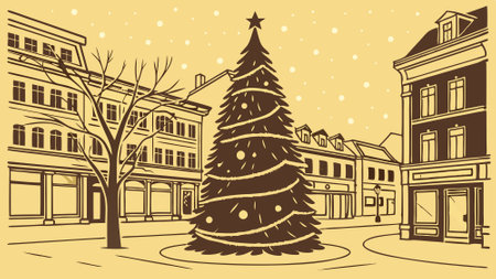 Christmas Tree at the Center of Snowy Town Square with Shops and Houses in Golden Glow. AI generated. Vector iconのイラスト素材