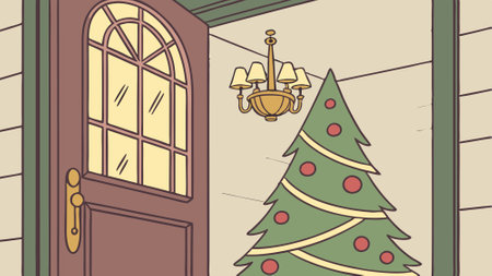 First-person view through doorway with Christmas tree and chandelier lighting decorations. AI generated. Vector iconのイラスト素材