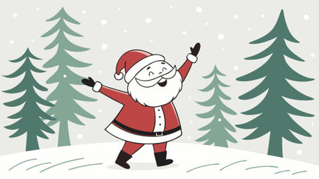 Santa Claus stands in a snowy forest with his arms outstretched, smiling happily. AI generated. Vector iconのイラスト素材