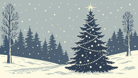 Sparkling Christmas Tree in Magical Snowy Forest with Soft Glowing Lights and Snowflakes. AI generated. Vector iconのイラスト素材