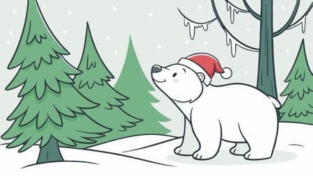 A cute polar bear wearing a Santa hat stands in a snowy forest during the winter holidays. AI generated. Vector iconのイラスト素材