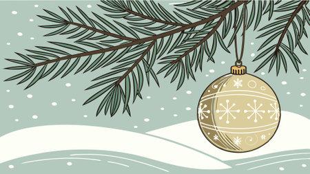 A gold Christmas ornament hangs from a snowy pine branch, creating a festive winter scene. AI generated. Vector iconのイラスト素材