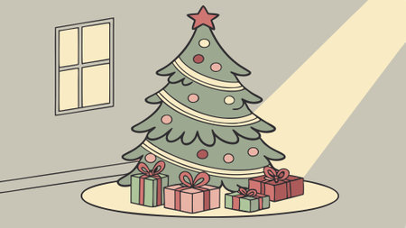 Static video of a decorated christmas tree with presents underneath, spotlight lighting.. AI generated. Vector iconのイラスト素材