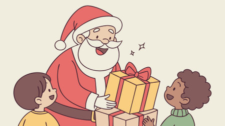 Animated Santa Claus Giving Presents to Children with a Magical Surprise and Smiling Face. AI generated. Vector iconのイラスト素材