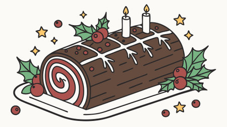 Traditional Christmas yule log cake decorated with holly, candles, and festive ornaments.. AI generated. Vector iconのイラスト素材