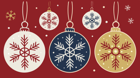 Four Christmas ornaments, red, silver, blue, and gold with snowflakes on a red background.. AI generated. Vector iconのイラスト素材