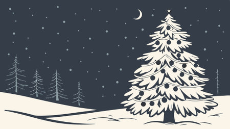 Snow-Covered Christmas Tree with Twinkling Lights on Dark Background, Winter Holiday Video. AI generated. Vector iconのイラスト素材