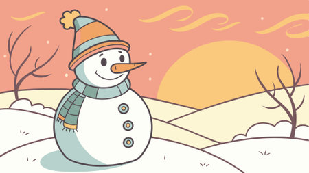 Charming snowman with a carrot nose and button eyes basking in the warm glow of a sunset.. AI generated. Vector iconのイラスト素材
