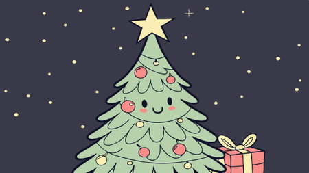 Animation of a New Year's decorated Christmas tree on a dark background with shining stars.. AI generated. Vector iconのイラスト素材