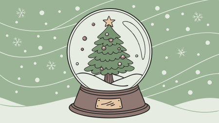 A snow globe with a miniature Christmas tree inside, on a green background with snowflakes.. AI generated. Vector iconのイラスト素材