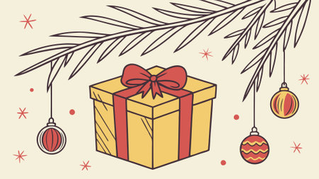 Festive Golden Gift Box with Red Ribbon and Christmas Ornaments on Pine Branch Background, . AI generated. Vector iconのイラスト素材