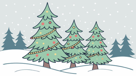 Snow falling on a cluster of Christmas trees, decorated with glowing lights and candy canes. AI generated. Vector iconのイラスト素材