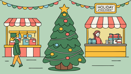 Christmas Decoration Tree in a Festive Winter Street Market, Holiday Atmosphere in the Shop. AI generated. Vector iconのイラスト素材