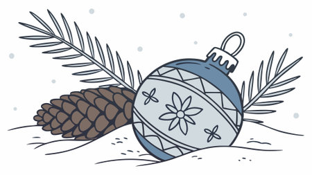 A blue Christmas ornament sits in the snow next to a pine cone, surrounded by pine branches. AI generated. Vector iconのイラスト素材