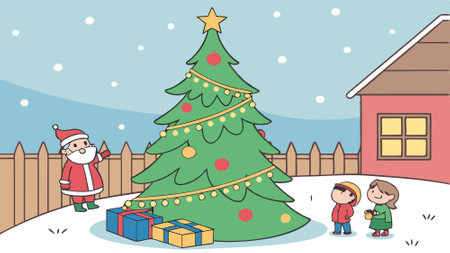Christmas X-mas Tree outside, decorated with presents and lights, for santa claus and kids. AI generated. Vector iconのイラスト素材