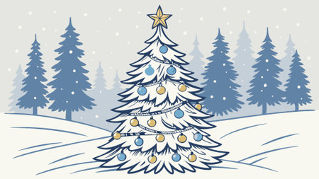 Frosted Christmas Tree with Blue and Gold Ornaments in Snowy Winter Forest with Star Topper. AI generated. Vector iconのイラスト素材