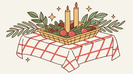 Festive Christmas centerpiece with candles, ornaments, and greenery on a decorated table.. AI generated. Vector iconのイラスト素材