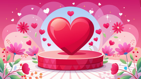 A large red heart floats above a white podium. surrounded by delicate pink flowers and smaller red hearts.. AI generated. Vector iconのイラスト素材