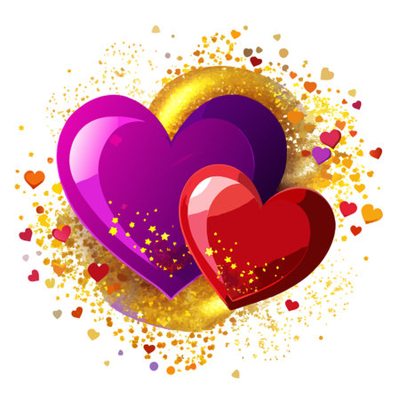 Background with two red hearts gold and purple abstract glitter bokeh background.Valentines day background banner.. AI generated. Vector iconのイラスト素材