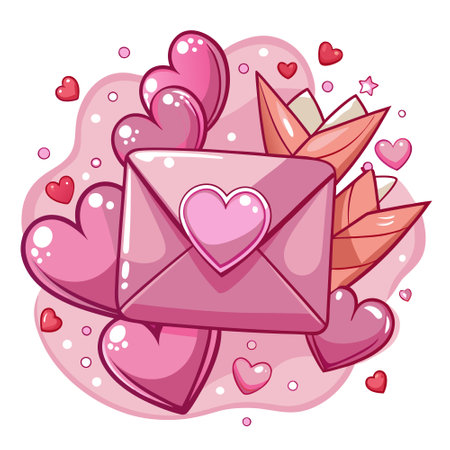 A pink envelope surrounded by hearts on a pink background with hearts. . AI generated. Vector iconのイラスト素材