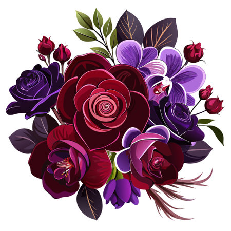 A sophisticated bouquet of dark red roses and deep purple orchids. set against a dramatic. dark background.. AI generated. Vector iconのイラスト素材