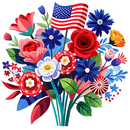 A vibrant bouquet of red. white. and blue flowers placed next to an American flag. AI generated. Vector iconのイラスト素材