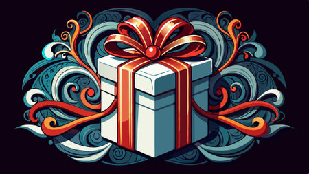 An elegant white present box with gift ribbon. in the style of black background. photobash. adafruit. bold images. transfer. classicist - . AI generated. Vector iconのイラスト素材