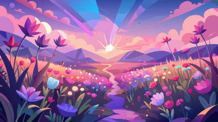 Beautiful blurred flowers field background. pastel pink and purple colors. bright morning sunlight. bokeh. Romantic illustration made with . AI generated. Vector iconのイラスト素材