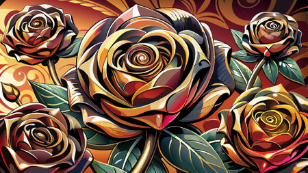 Beautiful metal crafted roses. wallpaper-sized. Valentine's day. weddings. anniversaries. digital art. AI generated. Vector iconのイラスト素材