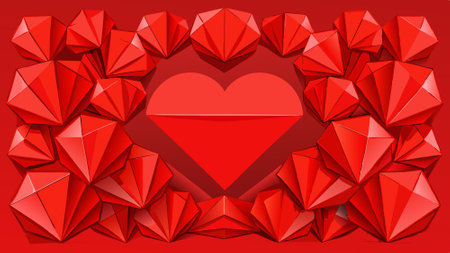 Background with red paper hearts. Top view photo of red origami paper hearts on isolated red background with blank space.. AI generated. Vector iconのイラスト素材