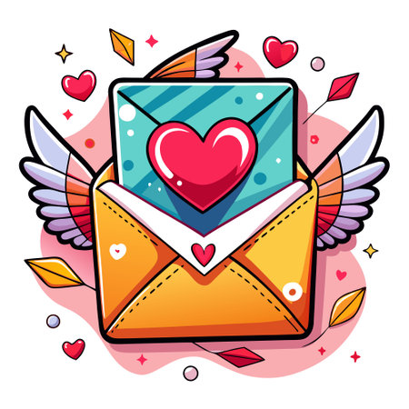 Card with picture of paper envelope with wings. inside of which there are red hearts. AI generated. Vector iconのイラスト素材