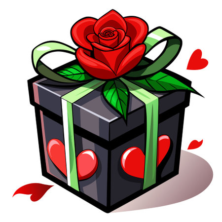 Black gift box with a red rose. romantic love and Valentine's Day. . AI generated. Vector iconのイラスト素材