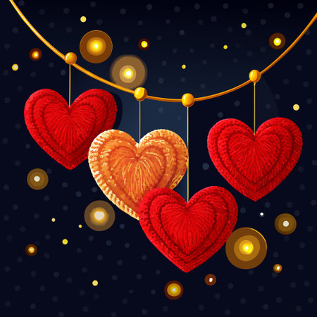 Beautiful red knitted hearts on threads. dark background with golden bokeh. valentine. decoration. . AI generated. Vector iconのイラスト素材