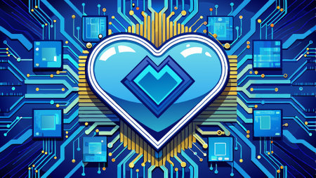 Blue heart designed as central processing unit of love. Postproducted digital illustration.. AI generated. Vector iconのイラスト素材