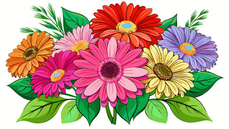 Bouquet of colourful gerbera daisy daisies flower plant with leaves isolated on white background. Flat lay. top view. macro. AI generated. Vector iconのイラスト素材