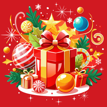 Capture the festive spirit with a stunning red Christmas wallpaper. Vibrant hues. a gleaming gift. and holiday magic await. AI generated. Vector iconのイラスト素材