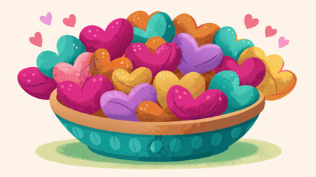 Bowl of felted hearts. felt wool hearts. love illustration. Valentine's day crafts. AI generated. Vector iconのイラスト素材
