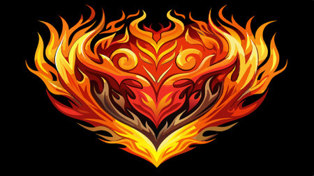 Colorful and passionate heart of fire isolated on black background. illustration. AI generated. Vector iconのイラスト素材